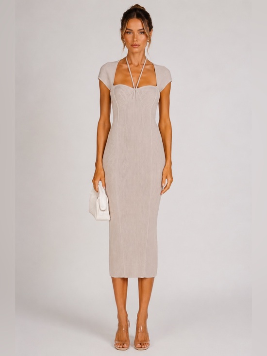 Jonathan Simkhai Dresses & Skirts - Jonathan Simkhai Rib Knit Tie Front Midi Dress Taupe Beige Size L